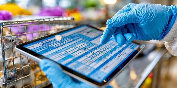 Scientist wearing blue gloves interacts with a digital tablet displaying data near cages containing laboratory mice.