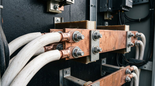 Industrial electrical copper busbars and thick power cables.