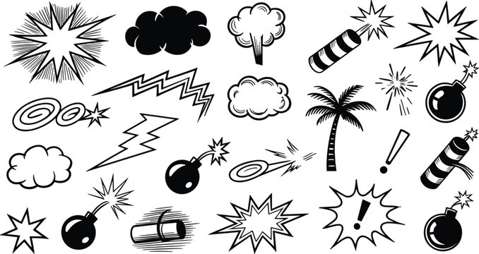 Comic Book Explosion and Bomb Vector Element Set with Fireworks, Lightning Bolts, Smoke Clouds, and Flash Stars for Pop Art Graphic Designs