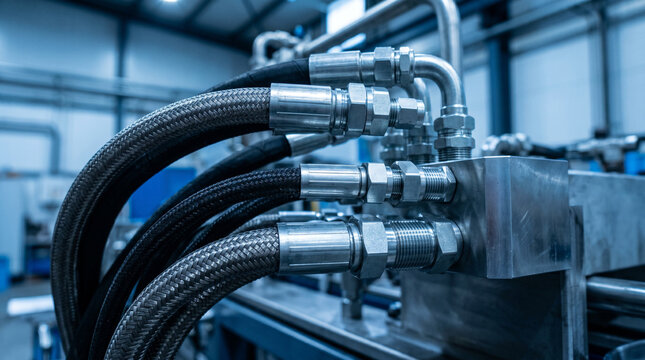 Industrial hydraulic system with high-pressure hoses and metal fittings close-up.
