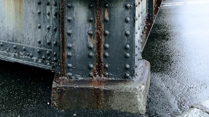 Naklejka premium Rainwater drips from a rusted steel bridge support. Stainless rivets line the dark, wet metal frame