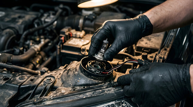 Auto Mechanic Hands Inserting New Halogen H4 Light Bulb into Car Headlight Housing Assembly