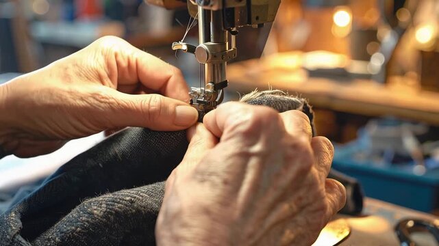 Close-up of Hands Sewing with a Machine: An elderly person's skilled hands carefully guide fabric under the needle of a vintage sewing machine.