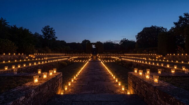 Rows of small flickering candles illuminating a dark stone garden path at twilight creating a peaceful and serene atmosphere for a special event night