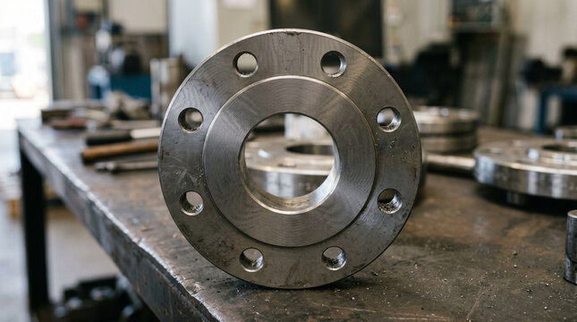 Industrial steel pipe flange on metal workshop workbench.