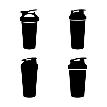 Four black shaker bottles with lids - Simple black shaker bottles arranged in a square, each with a black lid and flip-top cap for fitness or nutrition use.