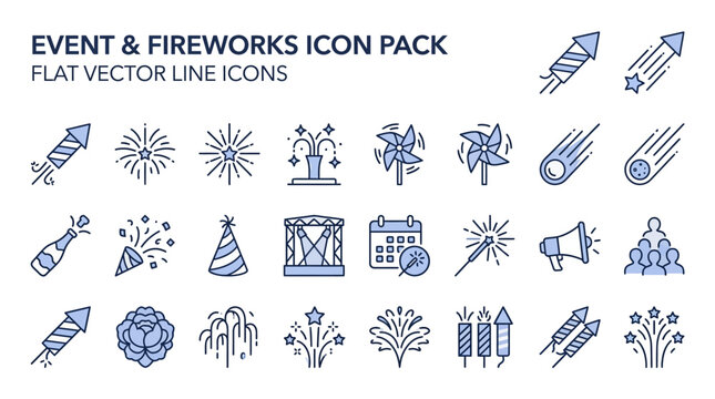 Festive Celebration Icons: Fireworks, Party, Events, Champagne, Confetti