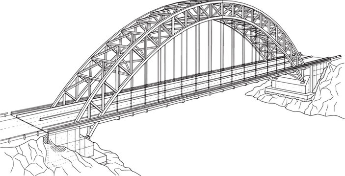 Steel arch bridge construction sketch showing structural engineering design for transportation infrastructure projects in black and white