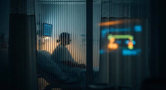 A lone patient maintains privacy and hipaa compliance in a dark hospital room with medical monitors glowing in the background