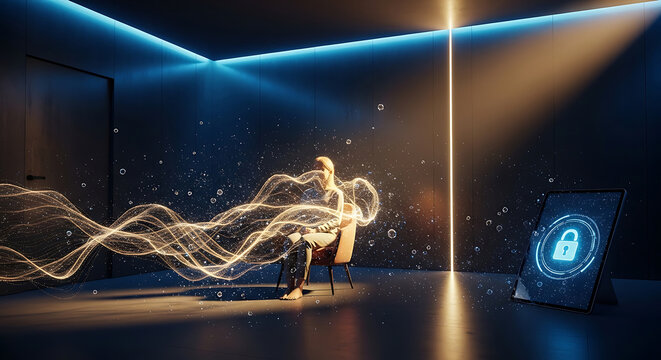 Advanced digital security and hipaa privacy for healthcare data protection with woman in futuristic encrypted environment
