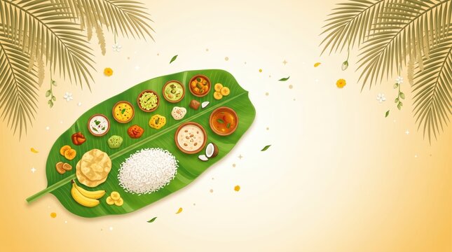 Traditional south indian sadhya feast on banana leaf with palm leaves and soft creamy onam festival background