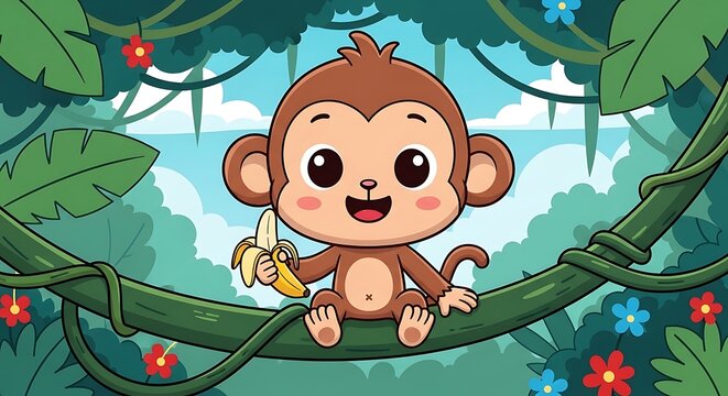 Cute Cartoon Monkey Holding Banana Sitting on Jungle Vine