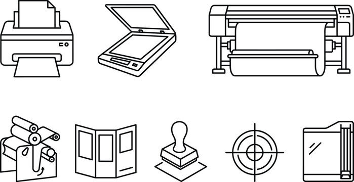 Professional polygraphy printing house and office equipment line icon set vector illustration featuring cmyk printer plotter scanner