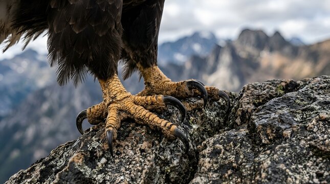 Golden eagle talons gripping rocky mountain perch, sharp claws, fierce predator