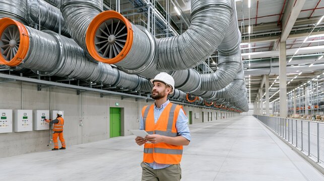 Industrial facility with large ventilation ducts. Worker in safety gear stands near ducts