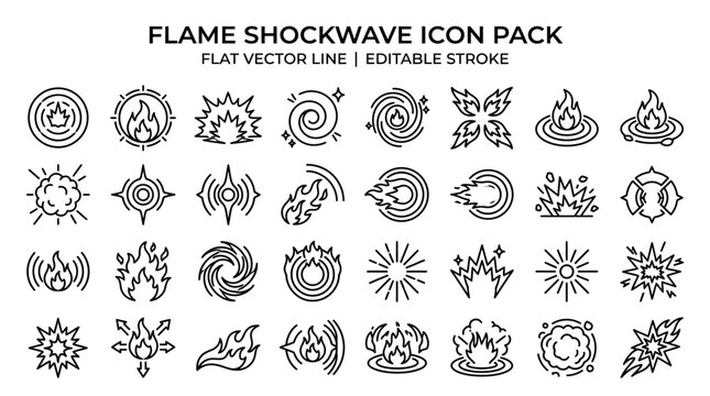 Flame Shockwave Icon Pack - Flat Vector Line Art, Editable Stroke