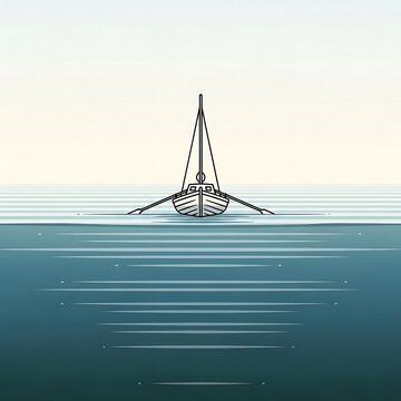 Minimal Line Art Sailboat Floating on Calm Sea at Pale Horizon