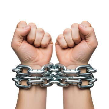 Hands bound by heavy metal chains, symbolizing restraint and freedom struggle.