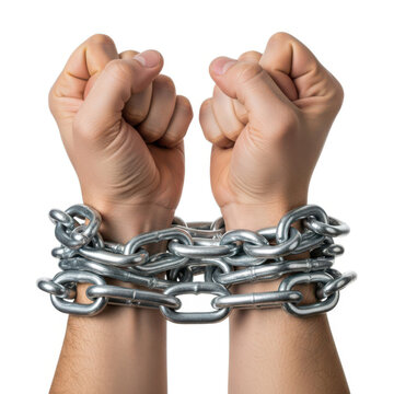 A pair of hands clenched into fists and bound by heavy metal chains.