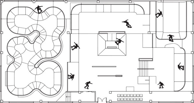 Top view architectural floor plan of an indoor skate park with ramps and obstacles in vector format