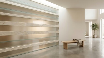 Fototapeta premium Modern interior hallway featuring floating marble shelves against frosted glass backlit wall and wooden bench with blanket in bright airy minimalist home space.