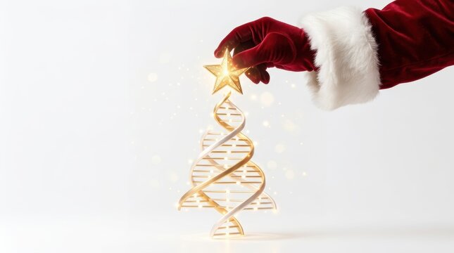 Santa places star on DNA helix Christmas tree, celebrating science and holidays