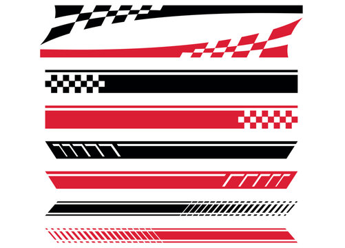 Set of abstract racing car side decals with checkered flags and speed stripes in red and black.