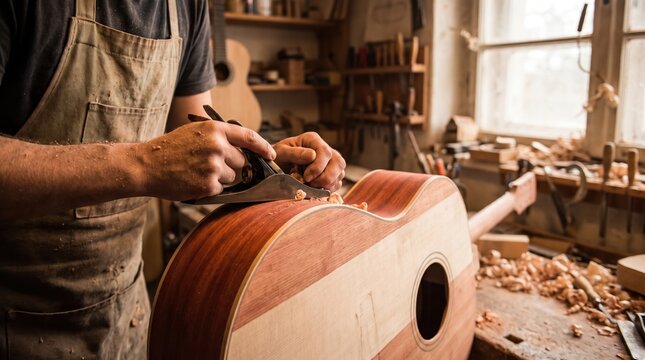 Skilled Luthier Crafting a Custom Guitar Body