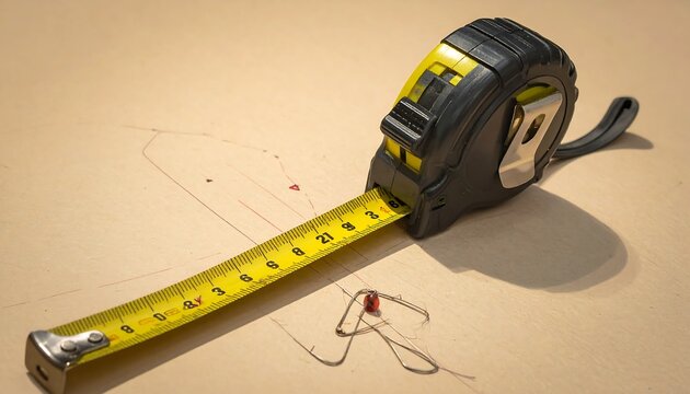 Yellow measuring tape extends across a light wood surface, casting a shadow