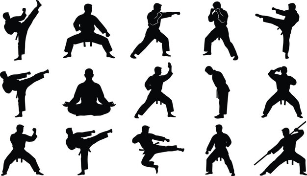 Karate Fighters Silhouettes Set - Martial Arts Kicking Punching Poses Vector Icon Collection