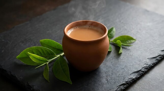 Hot steaming masala chai made from premium ctc tea served in a traditional clay kulhad cup with fresh green tea leaves on a dark stone background.