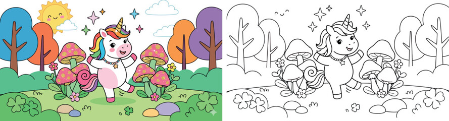 Fototapeta premium Cute Rainbow Unicorn in a Magical Forest with Glitter Mushrooms and Smiling Sun
