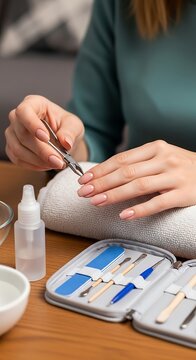 Woman Grooming Manicured Nails with Cuticle Nipper at Wooden Table