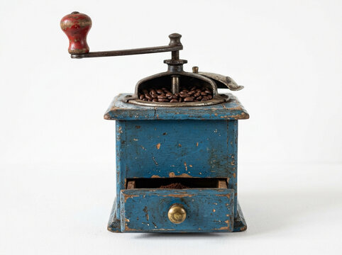 An antique blue wooden coffee grinder filled with roasted brown beans and a red handle