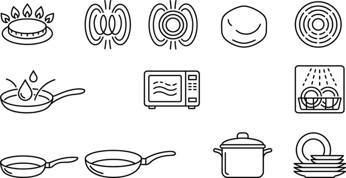 Cookware properties and kitchen appliance compatibility line icon set vector illustration featuring induction gas stove microwave dishwasher