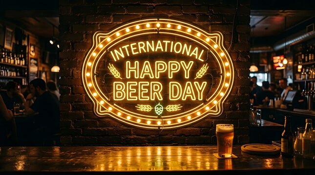 International happy beer day neon sign in pub