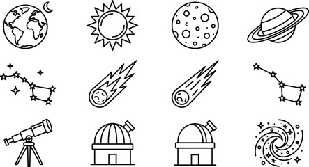 Astronomy and space observatory line icon set vector illustration featuring telescope constellation planet saturn comet galaxy © AKTAR