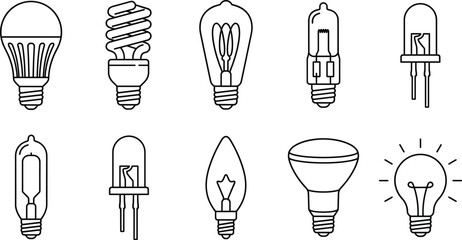 Electric light bulb types and energy saving lamp line icon set vector illustration featuring led cfl halogen edison © AKTAR