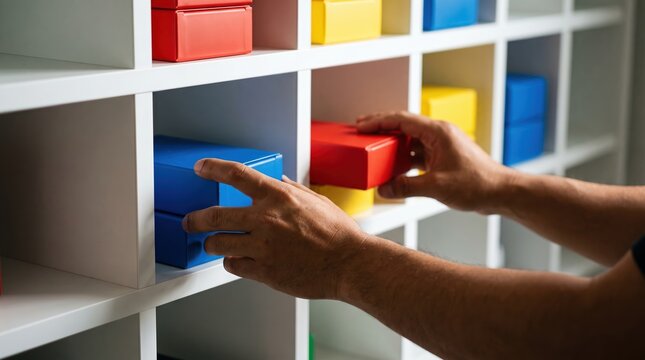 Hands arranging vibrant containers in cubbies