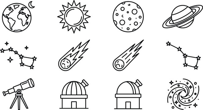 Astronomy and space observatory line icon set vector illustration featuring telescope constellation planet saturn comet galaxy