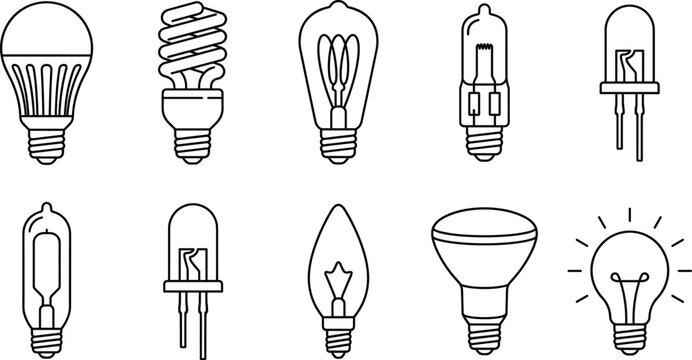 Electric light bulb types and energy saving lamp line icon set vector illustration featuring led cfl halogen edison