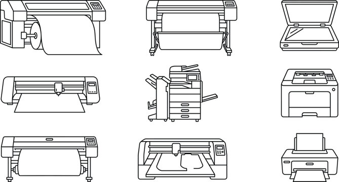 Professional printing house and office equipment line icon set vector illustration featuring plotter printer scanner copier