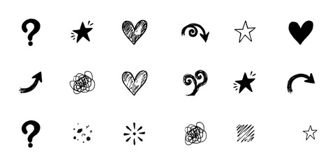 Fototapeta premium Symbols Featuring Question Marks, Stars, Hearts, Arrows, and Doodles in Black and White Featuring Symbol, Mark, Star with Heart