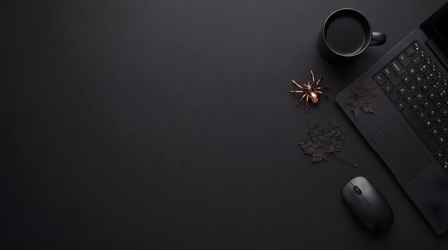 Dark Halloween office desk with laptop, black coffee mug, and spider decoration with copy space