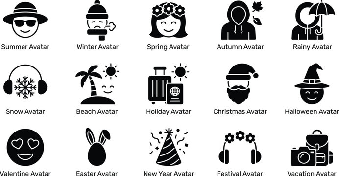 Set of seasonal avatar icons representing different holidays weather and events featuring people characters and symbolic objects in black and white style