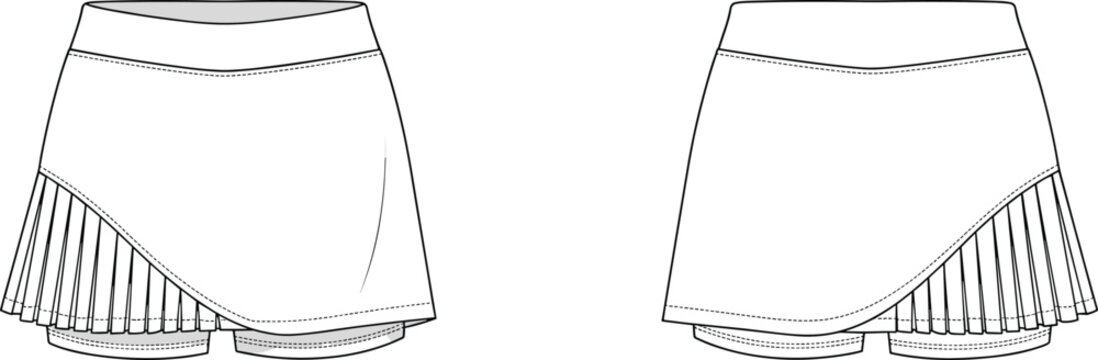 MobileWomen pleated tennis skort fashion technical sketch vector template with front and back view illustration