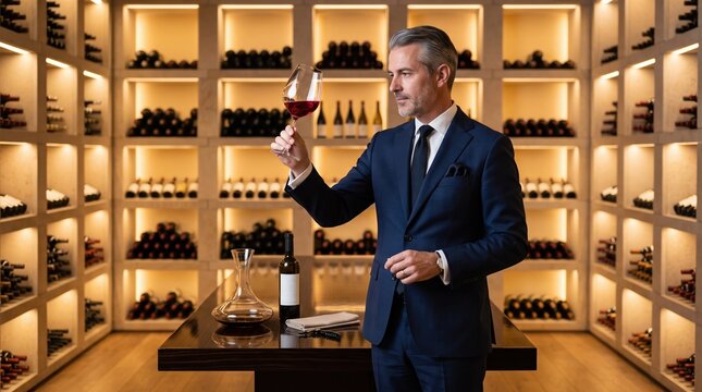 Professional sommelier examining red wine in cellar