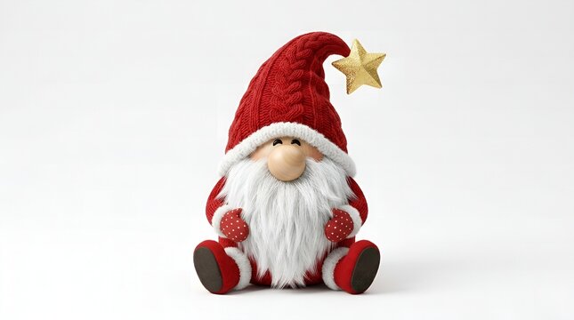 Adorable 3D Christmas gnome character with long white beard and red knitted hat on white background