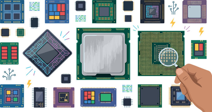 Computer Microchip and CPU Processor Vector Icon Set with Central Processing Units Microprocessors and Magnifying Glass for Semiconductor Tech Concepts