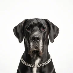 Large Black Great Dane Wearing Chain Collar on White Studio Background © Capucino